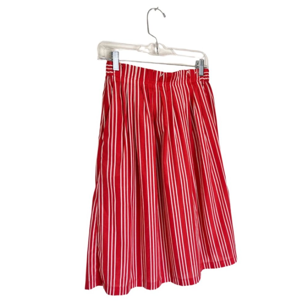 DE Collection Red with White Striped Silky Midi Skirt - Size Small